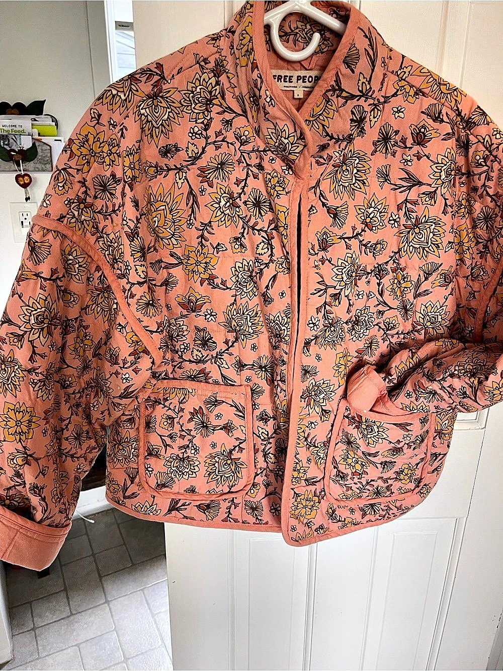 Free People Chloe Printed Quilted Jacket Floral Pink & Yellow Size Small